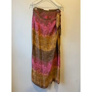 100% Silk Wrap Maxi Skirt Pink Brown Boho Print Tie Waist